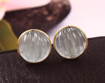 AAA Quality Natural Round Carved Aquamarine Earrings in 18k Solid Yellow Gold For Women Handmade Earring Aquamarine Jewelry March birthstone