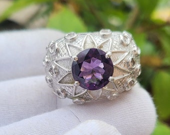 Anillo de plata de amatista boho para mujer / Anillo de plata de ley / Joyería boho / Anillo púrpura / Anillo de amatista Regalo de mamá Regalos de cumpleaños de piedra redonda