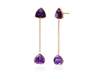 Natural Amethyst Dangle Drop Earrings in 18k Solid Gold For Women Statement Earrings Bridesmaids Earrings Gifts for mom February Birthstone