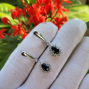 Natural Blue sapphire CZ Solitaire Earrings for women,Dangle Drop Blue Sapphire Earrings, Midnight Blue Sapphire,925 Sterling Silver Earring