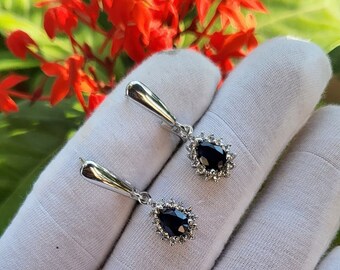 Naturliga blå safir CZ solitaire örhängen för kvinnor, hängande droppörhängen blå safir, midnattsblå safir, 925 sterlingsilverörhänge