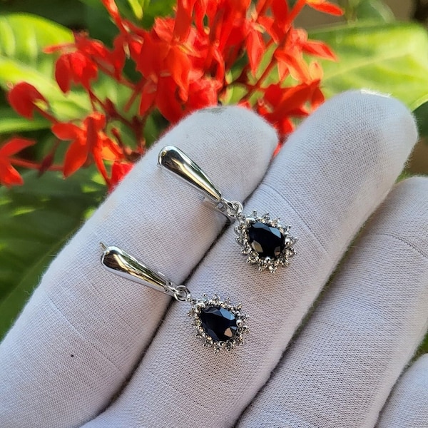 Natural Blue sapphire CZ Solitaire Earrings for women,Dangle Drop Blue Sapphire Earrings, Midnight Blue Sapphire,925 Sterling Silver Earring