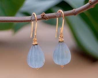 Carving Earring Aquamarine Earring Handmade Earring 14k Solid Gold Earring Teardrop Earring Wedding Earring Gemstone Earring Birthday Gifts
