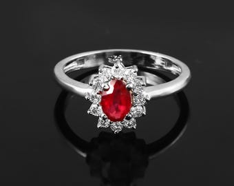 Vintage Ruby Engagement Ring in 925 Sterling Silver Oval Ruby Ring Halo ring wedding Band Anniversary Cluster ring Promise Ring