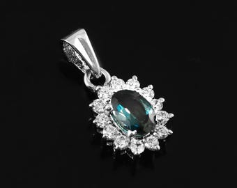 Natural Oval Shape Blue Teal Sapphire CZ Gemstone Pendant in 925 Sterling Silver For Women handmade pendant Halo Pendant Sapphire Jewelry