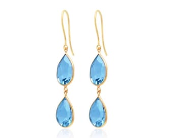 Natural Swiss Blue Topaz Pear Shape Two Stone Dangle Drop Earrings in 18k Solid Yellow Gold Blue Stone Earrings, Topaz Jewelry Gifts for Her