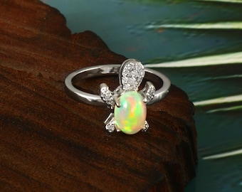 Natural Fire Opal Turtle Ring Vintage 925 Sterling Silver For Women Animal Jewelry Turtle Thin Engagement Ring Charm Ring