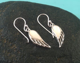 Mother of Pearl Angel Wing Earrings • Silver Wing Dangle Earrings • Dainty Lightweight Jewelry • Gift for Her