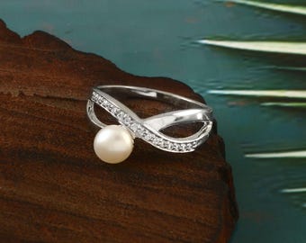 Natural White Fresh Water Pearl & Cubic Zirconia Criss-Cross Finger Band in 925 Sterling Silver  Designer Ring