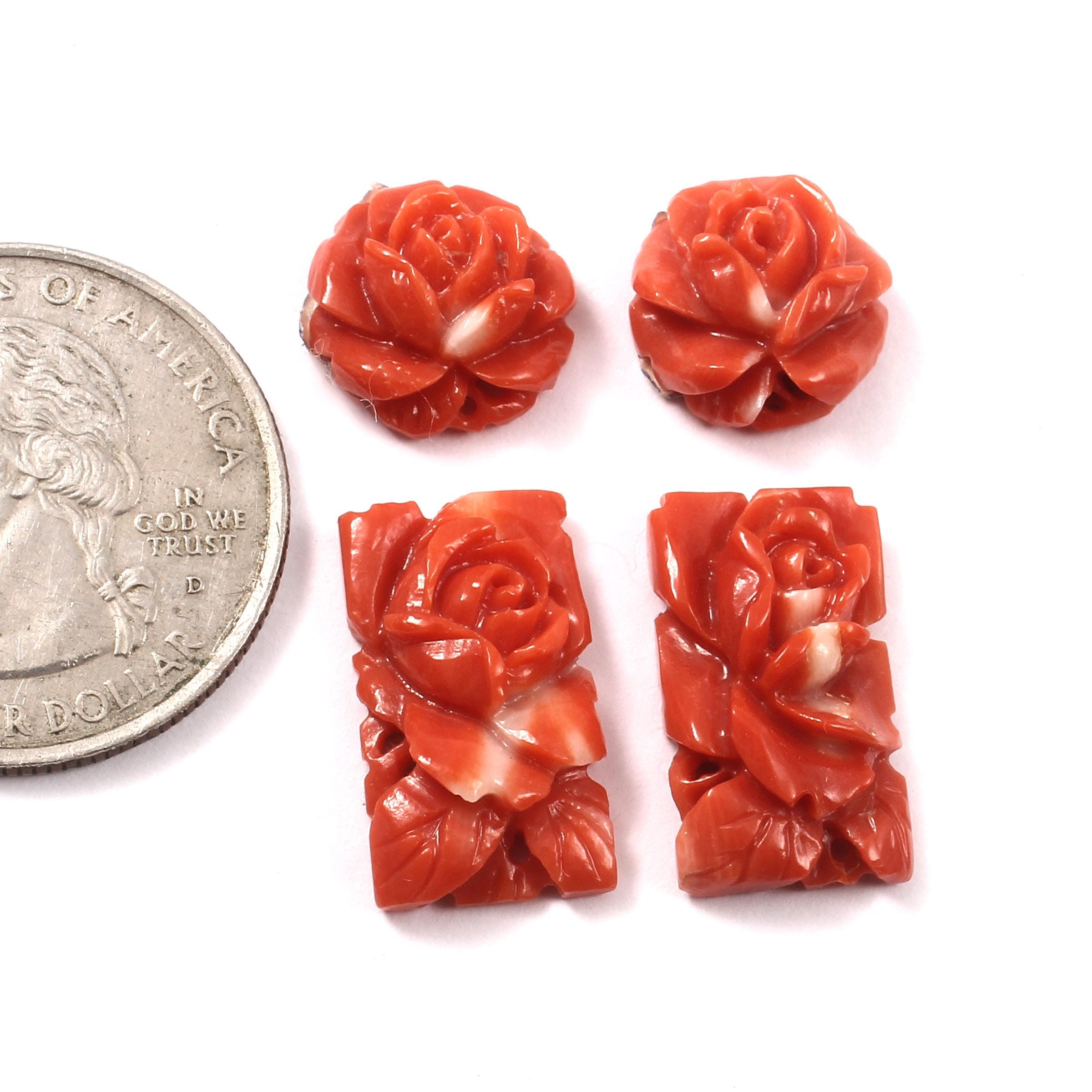 Japanese Momo Coral 4 Pcs Flower Carved for Jewelery Making