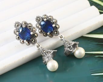 Blauwe saffier Marcasietparel ovale clipoorbellen in 925 sterlingzilver Fancy feestkleding oorbellen Druppels en hangers