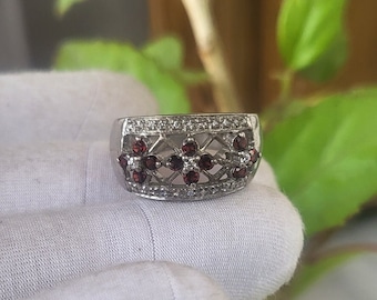 Natural Garnet Ring, Round Gemstone Ring, Ethnic Design Ring, Handmade Ring, 925 Sterling Silver, Gifts for Mother, January Birthstone Ring