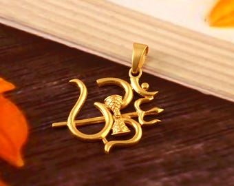 Lord Mahadev Shiva Symbol Big Trishul with Om Design Necklace pendant in 925 Sterling silver gold plated for Men and Women Aum pendant