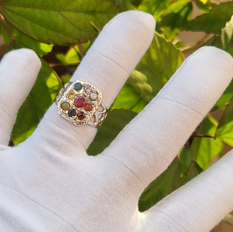 Navratan Rings Square Navratan Ring 925 Sterling Silver Ring Unisex Ring Astrological ...