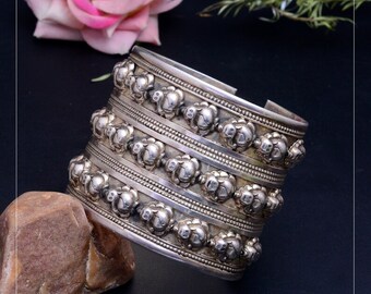Silver Cuff Bracelet, 925 Sterling Silver Engraved Bracelet, Elephant Statement Bracelet, Adjustable Stacking Bracelet for Women Gifts