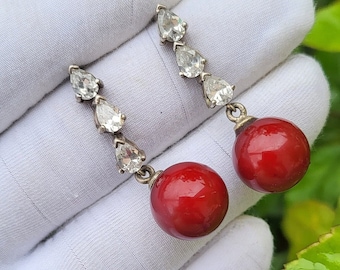Orecchini pendenti in corallo rosso naturale al 100%-Orecchini con pietra portafortuna di corallo-Orecchini a grappolo vintage in corallo-Regalo di anniversario per lei-Argento sterling 925