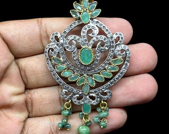 Antique Natural Emerald & CZ Gemstone Pendant in 925 Sterling Silver For Women Victorian Style Pendant Traditional pendant