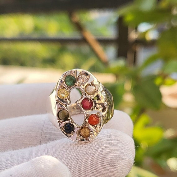 Nine Planet Stone Silver Ring Religious Astrology Spiritual Ring Lucky Charm Navratna Jewelry Om Ring Navratna Gemstone Ring Gifts for Her