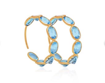 Natural Swiss Blue Topaz Hoop Earrings in 18k Solid Yellow Gold Oval Shape Blue Topaz Gemstone Topaz Gemstone Hoop Earring, Birthday Gifts,