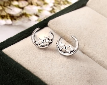 Sterling Silver Crescent Moon Star Stud Earrings: Celestial Jewelry