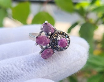 Anillo de plata con rubí natural grande, anillo de plata 925, anillo de plata esterlina, anillo de compromiso, anillo de bodas, anillo vintage, regalos para ella