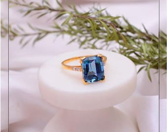 Natural London Blue Topaz Ring, In 18k Solid Gold Ring Handmade Ring Moissanite Ring, December Birthstone Ring Engagement Ring, Promise Ring
