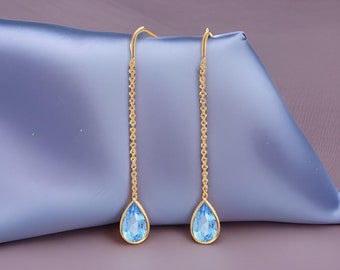 Pear Shape Natural Blue Topaz Threader Earrings in 18k Solid Yellow Gold Dangle Earrings For Women Swiss blue topaz earrings