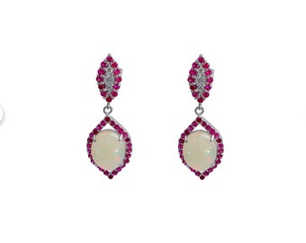 Boucle d'oreille en opale d'Éthiopie naturelle, boucle d'oreille en diamant, en or massif 18 carats Boucle d'oreille en rubis Boucle d'oreille en opale de feu pour femme Cadeaux pour elle