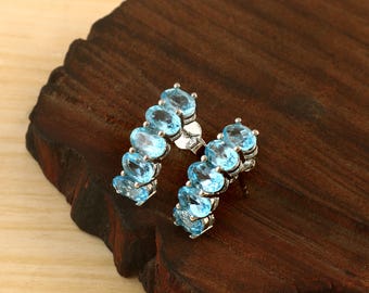 Natural Swiss Blue Topaz Oval Shape Gemstone Hoop Earrings in 925 Sterling Silver For Women Handmade Earrings Topaz Jewelry Birthday Gift