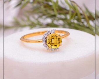 Natural Citrine Ring, 18k Solid Gold Ring Moissanite Ring, Round Gemstone Ring, Citrine Ring Solitaire Ring, Handmade Ring Gifts For Her