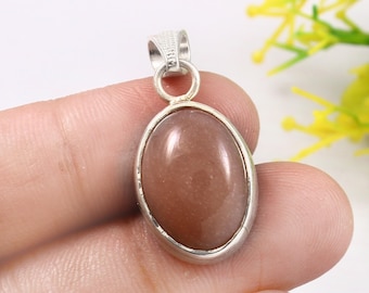 Natural Peach Moonstone Gemstone Pendant in 925 Sterling Silver For Women Oval Cabochon Moonstone Handmade Pendant