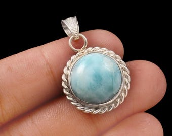 Natural Larimar Round Shape Pendant in 925 Sterling Silver Statement Jewelry, Handmade Pendant, Gift For Her Designer Artisan Pendant