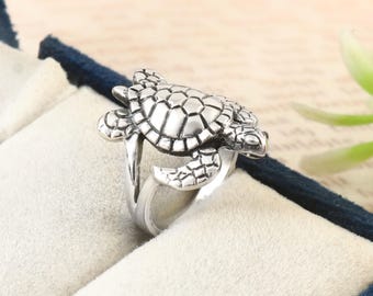 Anillo de cóctel de tortuga de plata esterlina, anillo de tortuga marina, anillo Navajo, anillo con dije, anillo oxidado