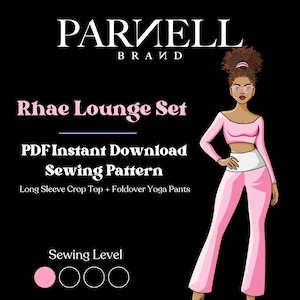 May include: A digital illustration of a pink lounge set sewing pattern. The pattern includes a long sleeve crop top and foldover yoga pants. The illustration shows a woman wearing the lounge set. The text "Rhae Lounge Set" and "PDF Instant Download Sewing Pattern" is included in the image. The text "Sewing Level" is included with three circles, one filled in pink, indicating an easy sewing level.