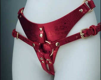 Leather Strapon Harness, Pegging Harness, Harness Panties with Snake Pattern, Strap on Belt, Custom Leather Strap on