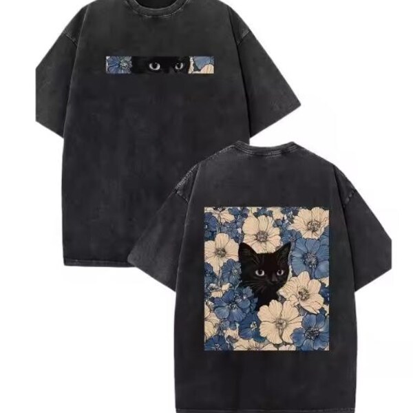 Black Cat Floral T-Shirt, Y2K American Street Style