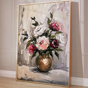 Vintage Roses Vase Painting Flower Still Life Neutral Farmhouse Decor Printable Wall Art