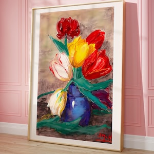 Colorful Tulip Flower Wall Art Vintage Floral Prints Tulip Painting Bright Vase Artwork