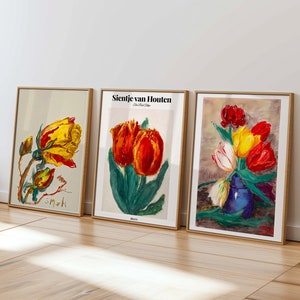 Set Of 3 Colorful Tulip Wall Art Vintage Floral Prints Bold Flower Paintings Red Yellow Blossoms Printable Home Decor