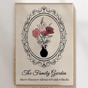 Custom Family Flower Bouquet Print Personalized Floral Name Art Family Names Wall Decor Botanical Poster Gifts