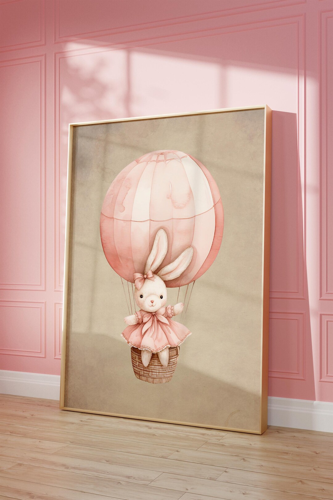 Bunny Hot Air Balloon Nursery Print Pink Floral Baby Room Decor Digital ...