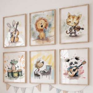 Arte imprimible de animales musicales para guardería: Conejo violonchelo, León cantor, Gato violinista, Cocodrilo tamborilero, Perro pianista, Panda guitarrista - 6 pósteres digitales
