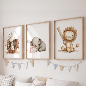 Animales deportivos para bebés - Decoración infantil de béisbol - Decoración infantil deportiva para bebé niño - Conjunto de láminas de béisbol - Decoración infantil deportiva
