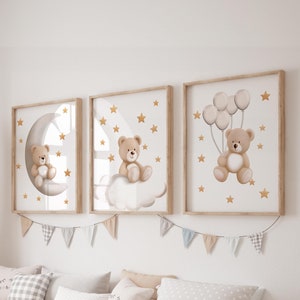 Juego de 3 impresiones artísticas de pared para guardería con osito de peluche, decoración para guardería con osito, oso, luna, globo, decoración infantil para guardería, impresión neutra para bebé, neutra