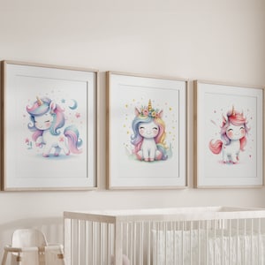 Unicorn Pictures for Nursery Room - Blue Unicorn, Pink Unicorn and Yellow Unicorn - Three Print Set - Adorable Gift for Children