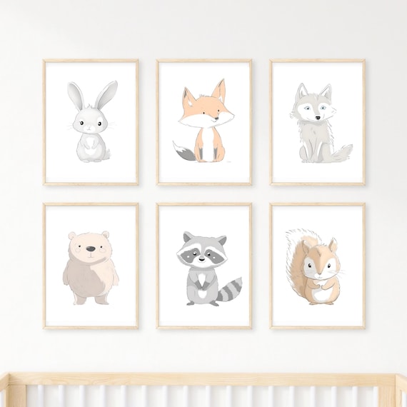 Woodland Nursery Print Set 6, Woodland Nursery Gift, Woodland Nursery Art, Woodland Baby Animal Prints, Nursery Wall Art , Baby shower gift
