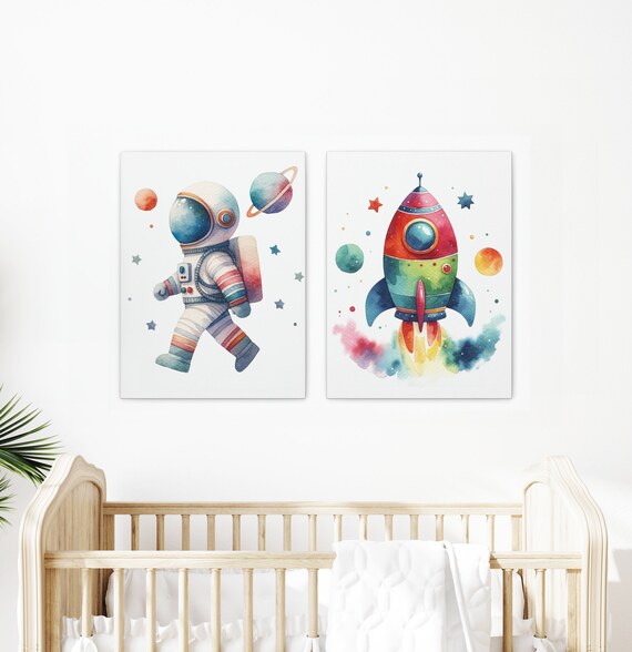Rocket and Astronaut | Nursery Canvas Art | Kids Room Art Prints | Framed Nursery Wall Decor | Nursery Prints for Kids | Gallery Canvas Wrap