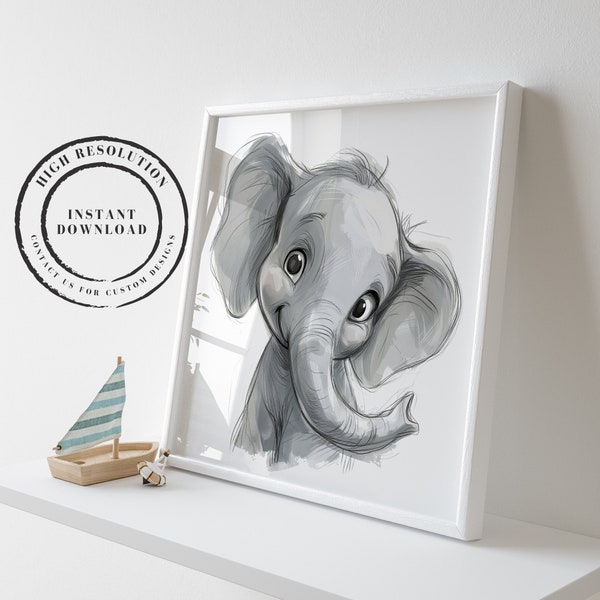 Cute Elephant Printable - Baby Decor Safari Theme - Gifts for Birthday, Baby Shower, Babies, Toddlers, Kids