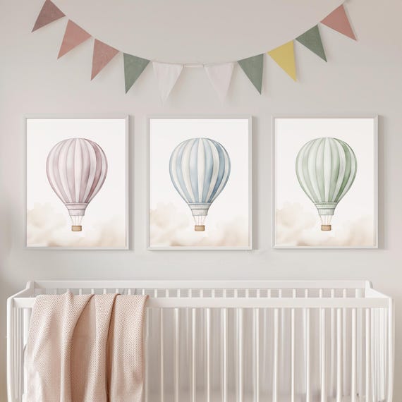 Hot air balloon print set of 3, vintage nursery decor, printable travel wall art, watercolor hot air balloon, nursery decor, DOWNLOAD