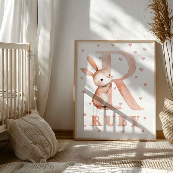 Custom Sign Baby Room Bunny Artwork Print Baby Bunny Initial Wall Art Cute Rabbit Girl Room Sign Baby Pink Wall Art Digital Nursery Art
